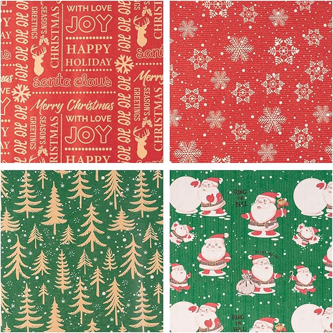 RUSPEPA Kraft Wrapping Paper Rolls - 17 inches x 10 feet per Roll, Total of 4 Rolls, Santa Claus, Snowflake and Christmas Tree Design