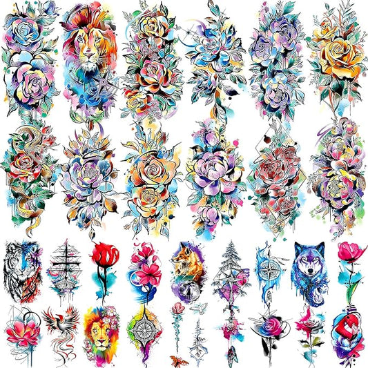 Aresvns 3D Watercolor Roses Temporary Tattoos For Women Kids, Cute and Fun Colorful Fake Tattoos,Flower Temp Tattoo Stickers for BBQ Pool Beach Party