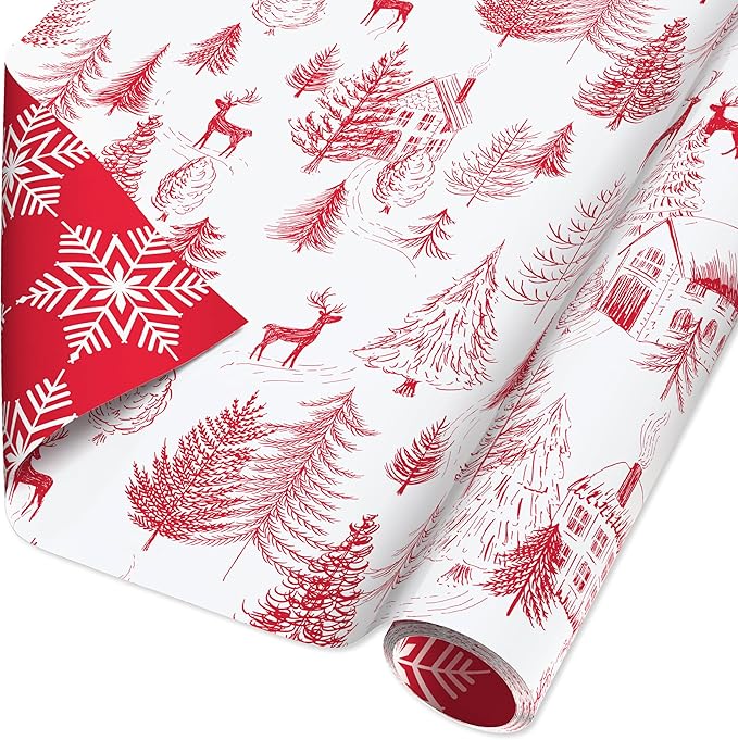 American Greetings 60 sq. ft. Reversible Cottagecore Christmas Wrapping Paper, Deer (1 Roll, 30 in. x 288 in.)