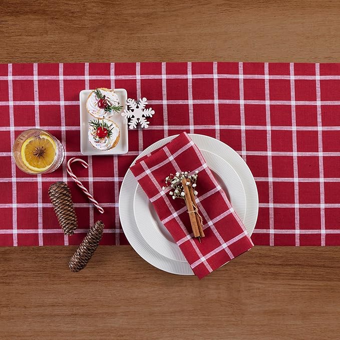 Solino Home Linen Plaid Table Runner 72 Inches Long - 100% Pure Linen Windowpane Red Table Runner 14 x 72 Inch for Dining, Christmas, Xmas