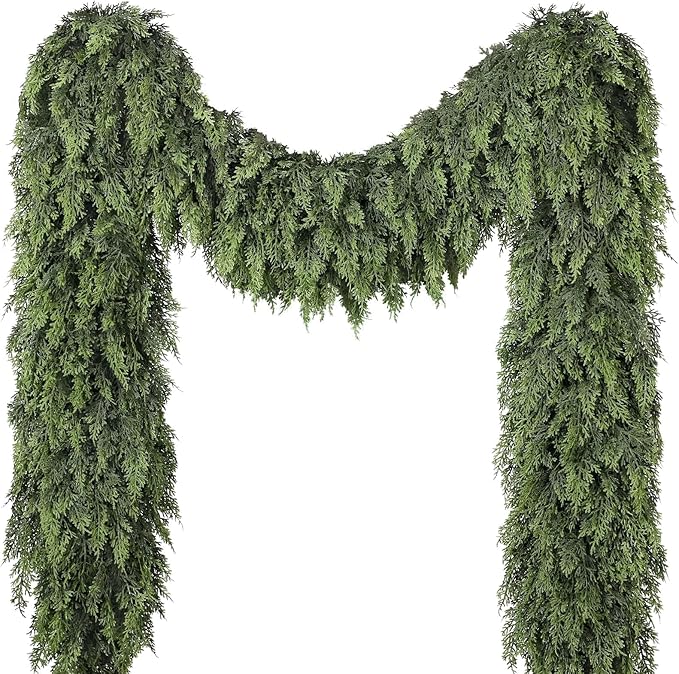 16FT Cedar Garland for Fireplace - Artificial Christmas Garland Thick and Lush Realistic Faux Cedar Fake Pine Needles Garland for Table,Window,Stairs,Mante,Indoor Outdoor Decor (1PCS)