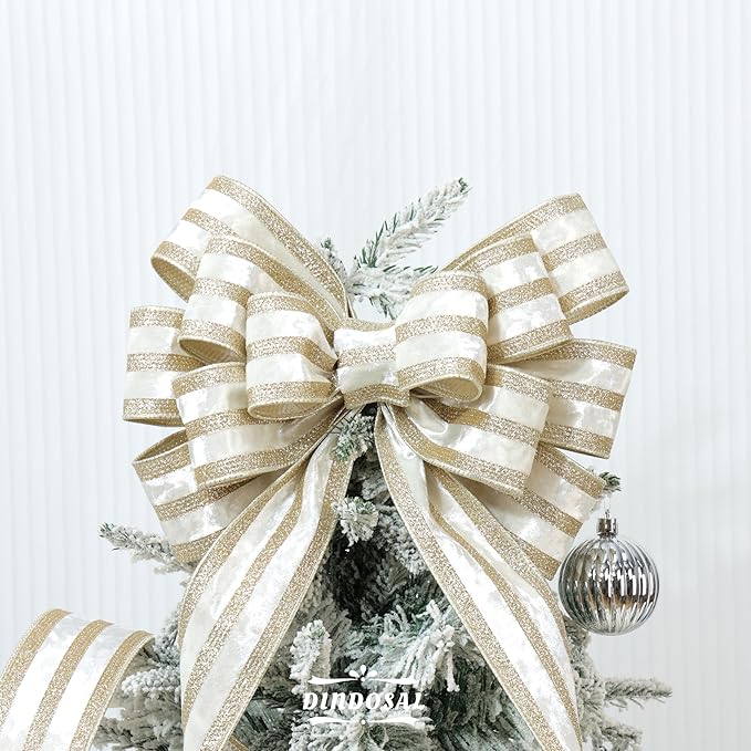Ivory Velvet Wired Ribbon with Champagne Glitter Stripe 2.5 Inch Crushed Velvet Christmas Ribbon, 10 Yards for Gift Wrapping, Crafts, Christmas Tree Decorations, Wreath Supplies, Garlands