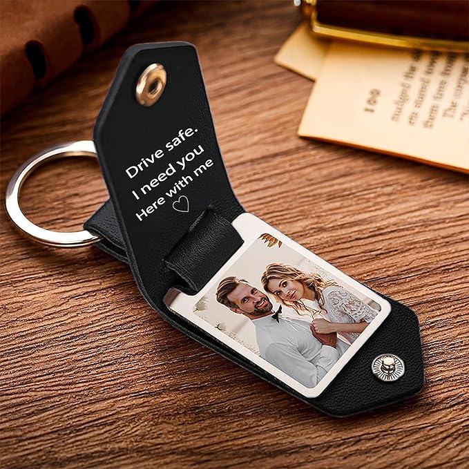 Personalized Photo/Text Leather Keychain for Men Womens Custom Picture Key Chains Memorial Gifts for Family Lover
