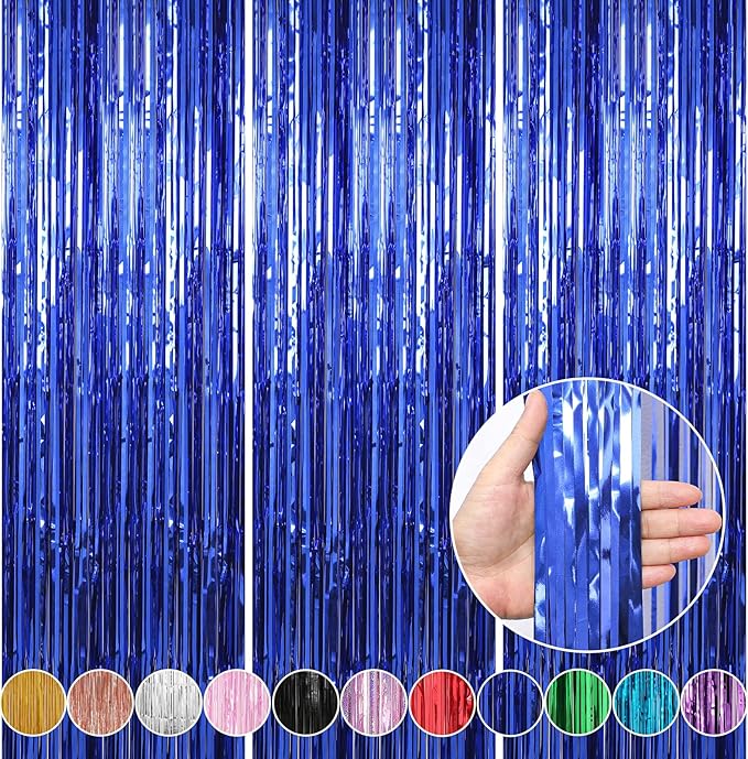 Crosize 5 Pack 3.3 x 9.9 ft Dark Blue Foil Fringe Curtains Party Decorations, Dark Blue Tinsel Curtain Backdrop for Parties, Door Streamers, Glitter Streamer Backdrop for Birthday Decoration