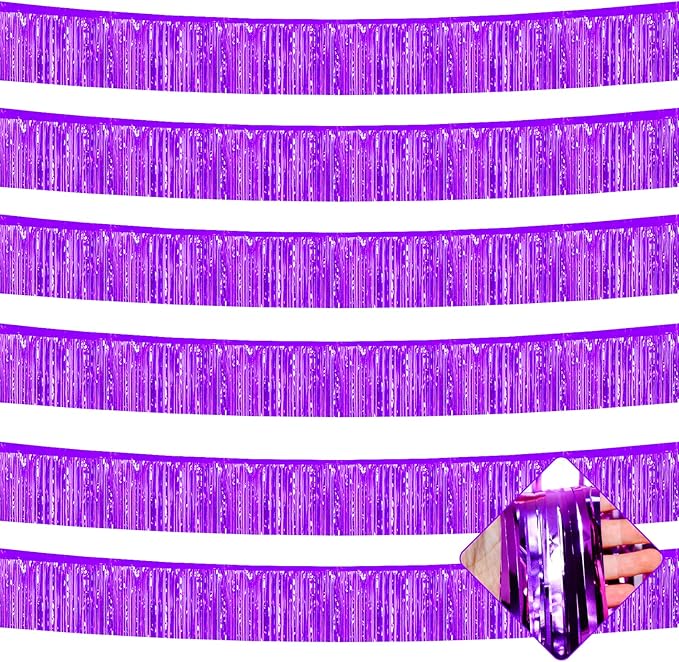 6 Pack 10 Feet Foil Fringe Garland Metallic Tinsel Streamers Banner Wall Hanging Curtain Backdrop for Parade Floats, Bachelorette, Wedding, Birthday, Halloween, Christmas Party Decorations(Purple)