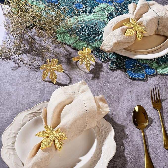 Elegant Handcrafted Leaf Napkin Rings - Set of 12 Premium Aluminum Holders for Dinner Parties, Weddings, Special Occasions & Everyday Dining (Gold) - CLEENTABLE