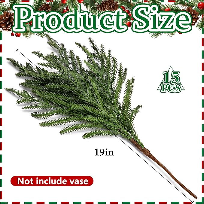 15 Pcs Christmas Norfolk Pine Branches, 19" Extra Length Fake Greenery Norfolk Pine Stems Sprigs, Artificial Xmas Branches Plants Pines Needles for DIY Craft Garland Home Garden Decor