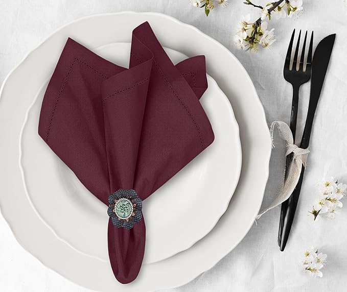 Ruvanti Premium Linen Napkins Set of 6-20x20 Inch, Classic Hemstitch, Mitered Corner Cloth Napkins ‎‎- Soft, Elegant Dinner Napkins Cloth Washable for Weddings, Parties, Everyday Use - Burgundy