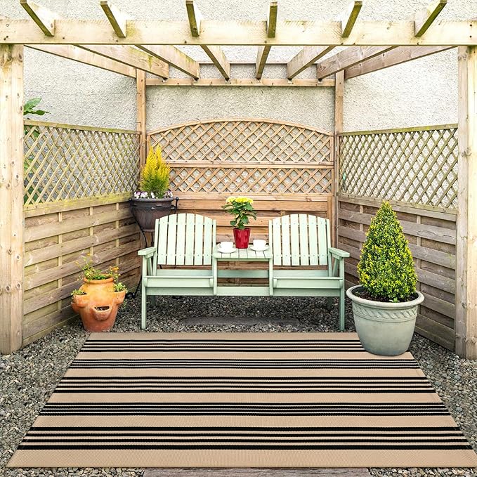 KIMODE Striped Outdoor Rug 3'x 5',Washable Reversible Fall Outdoor Patio Rugs,Cotton Hand Woven Farmhouse Welcome Layered Door Mats for Front Door Entryway Porch Halloween Decor Black and Khaki