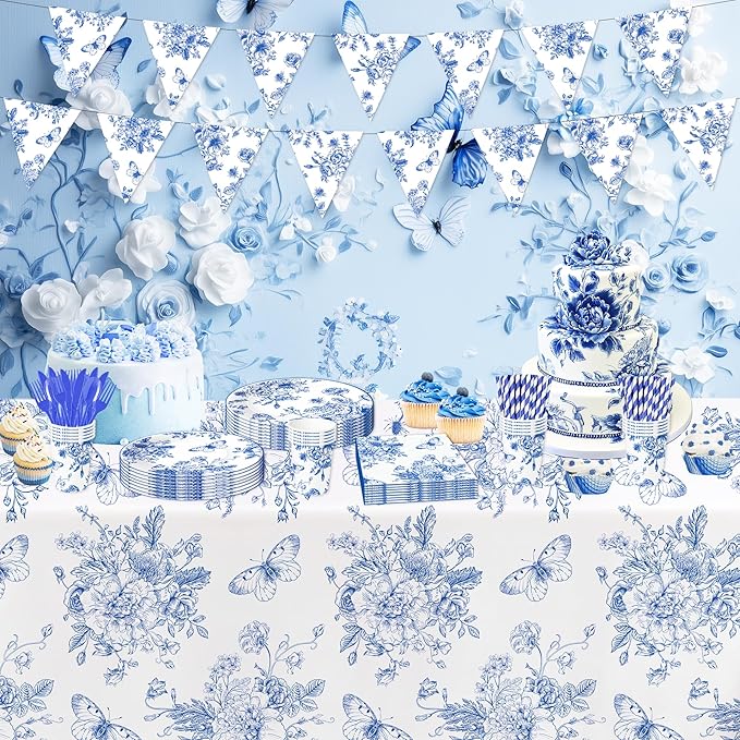 Blue and White Floral Party Tablecloth Decorations, 3pcs Disposable Elegant Dusty Blue Flower Party Supplies Table Cover, for Birthday Baby Bridal Shower Wedding Chinoiserie Decor, 86in x 55in