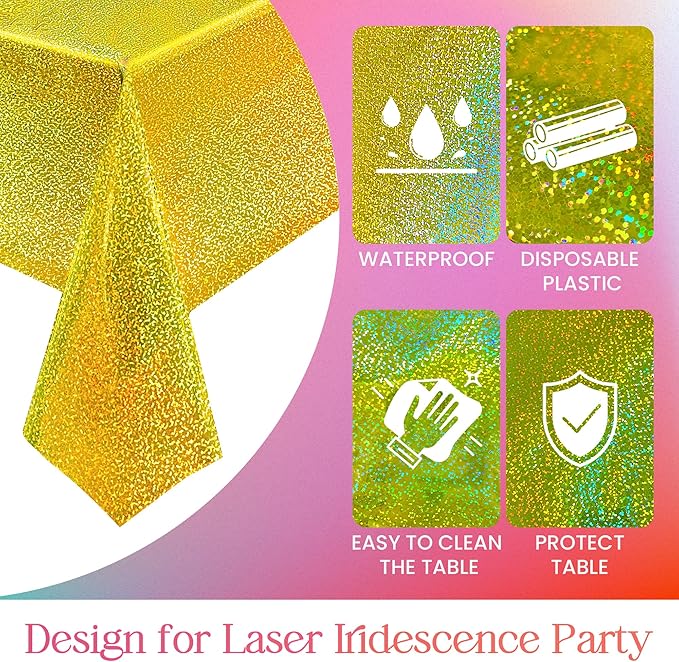 2 pcs Gold Holographic Party Tablecloths 40" x 108" Laser Shiny Table Cloths Plastic Glitter Foil Table Cover for Christmas Wedding Graduation Baby Shower 1920s Birthday Party Anniversary Supplies