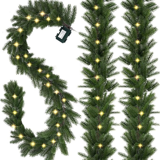 Christmas Garland with Lights, 70.9 Inch Lighted Garland, Realistic Greenery Norfolk Pine Garlands, 18 LED Lights Battery Powered, Timer Included Greenery Garlands for Mantle Christmas Decor