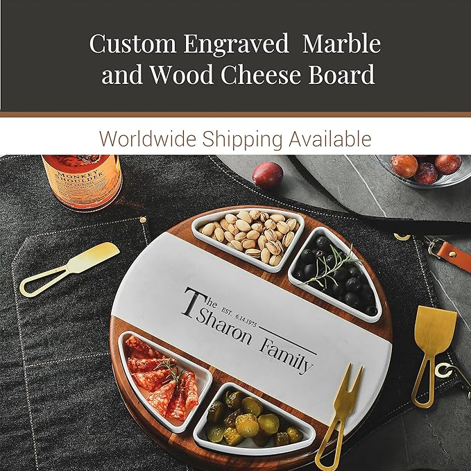 Shanik Acacia Wood Lazy Susan Cheese Board Set – Rotating Charcuterie Platter with 4 Ceramic Bowls & Knives, Round Serving Tray for Weddings & Parties