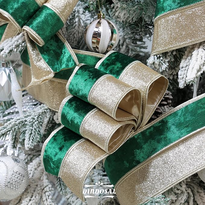 Dark Green Velvet Wired Christmas Ribbon 4 Inch Extra Wide Thick Green and Gold Glitter Holiday Ribbon – 10-Yards Roll for Tree Decorations, Gift Wrapping, Wreaths, and DIY Crafts