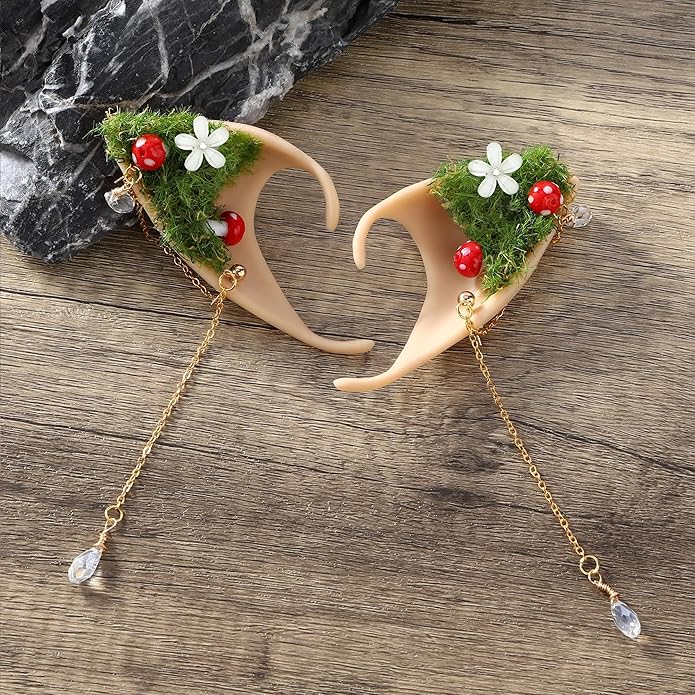 FRESHME Forest Mushroom Elf Ears, Soft Fairy Ears with Mushroom Moss and Flower Elven Ear Cuffs Halloween Renaissance Cosplay