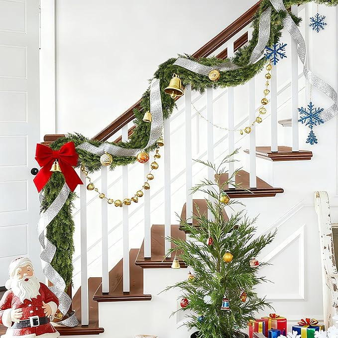 Palonu 9Ft Christmas Cedar Garland, Artificial Realistic Greenery Faux Garlands Touch Like Real Pine Needles Xmas Décor, Fireplace Mantle Table Stairs Porch Indoor Outdoor Holiday Decoration