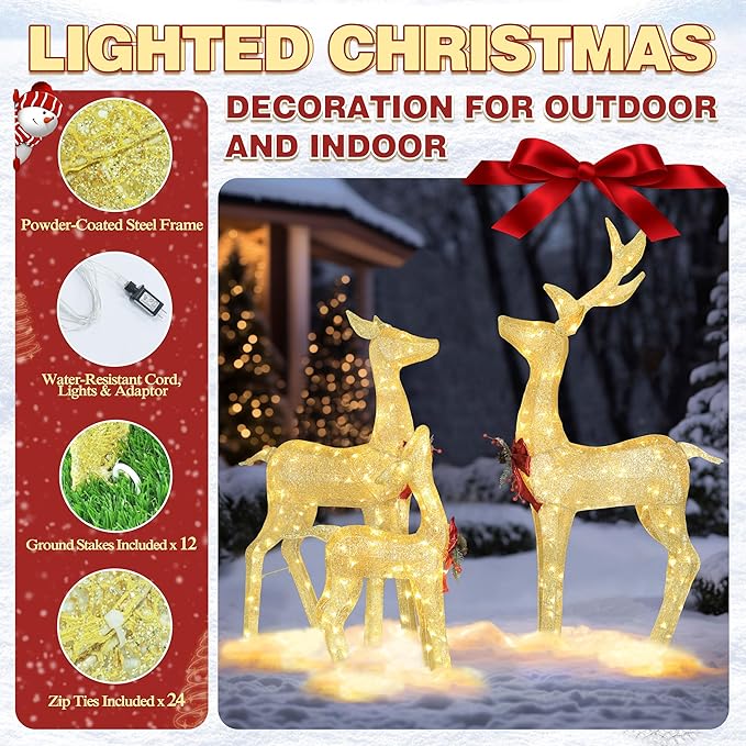 BlueWish Outdoor Christmas Decorations, 3-Piece Golden Christmas Reindeer Decor with Bow Ties, 200 LED Lights, Pre-lit Outdoor Christmas Decor for Garden, Yard, Porch