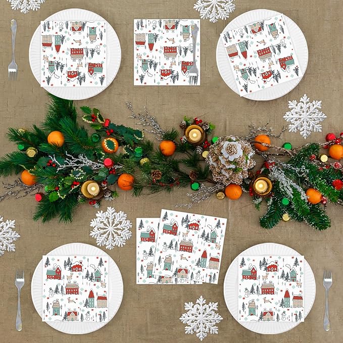 Christmas Paper Napkins Snow, House, Street 80 Pieces Party Disposable Dinner Paper Napkins for Christmas, Happy New Year