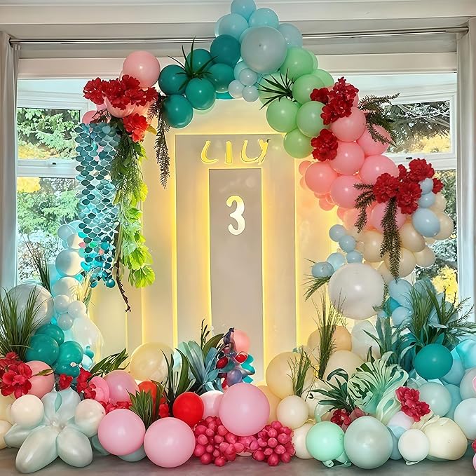 Summer Tropical Balloon Arch Kit Hawaiian Pearl Teal Blue Lime Green Pastel Pink Blue Ivory Colorful Balloons Garland for Hawaiian Luau Aloha Pool Beach Birthday Baby Shower Party Decorations
