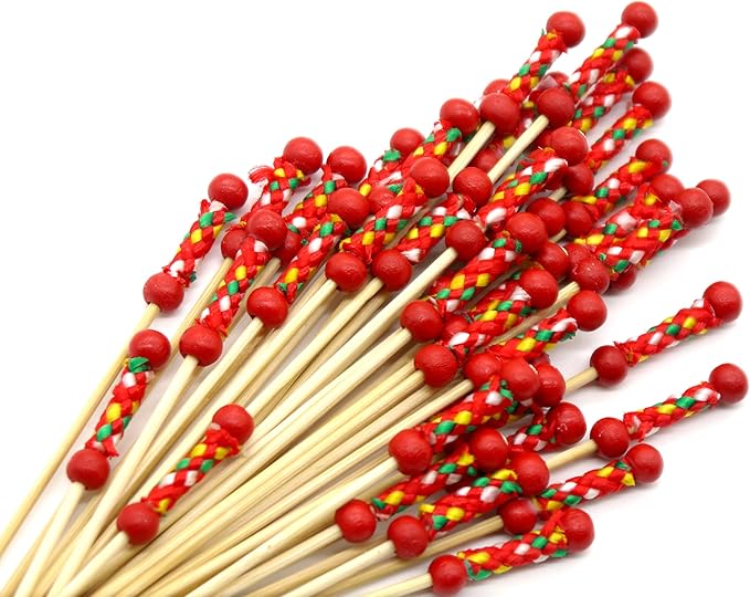 PuTwo Cocktail Picks Handmade Toothpicks 4.7” 100ct Red Beads with Rope