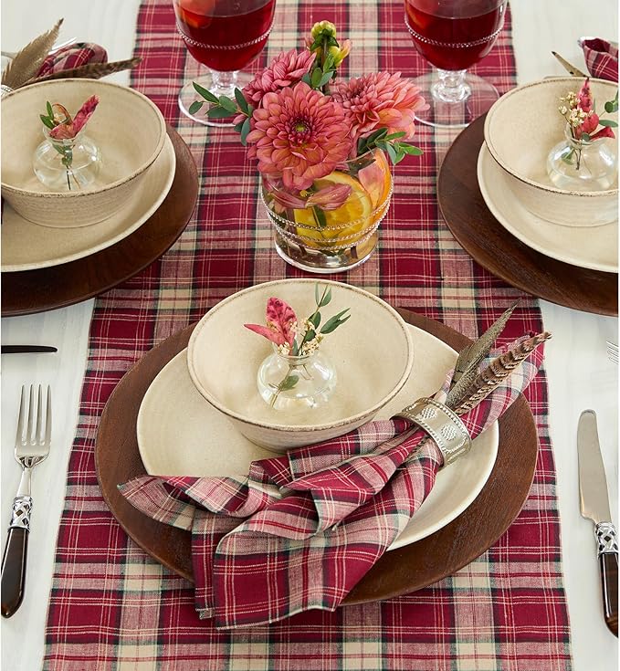 Solino Home Linen Table Runner 108 Inches Long - 100% Pure Linen Burgundy Tartan Plaid Table Runner 14 x 108 Inch for Dining, Fall, Christmas, Xmas