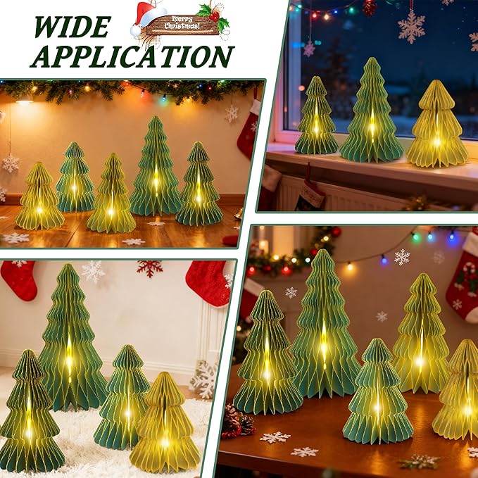 5Pcs Christmas Honeycomb Table Decorations Indoor, Lighted 3D Honeycomb Paper Christmas Trees, Vintage Green Table Centerpieces for Xmas Frozen Winter Holiday Party Home Decor, 8/10/12 Inch