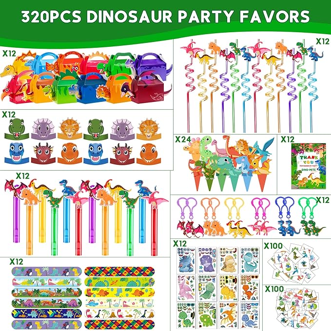 320PCS Dinosaur Birthday Party Decorations Favors Supplies, Dino Goodie Bags Fillers Stuffers for Kids Birthday Gifts