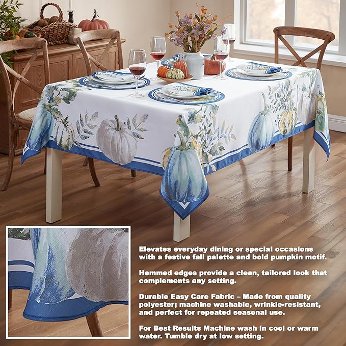 Home Bargains Plus Thanksgiving Contemporary Blue Pumpkin Tablecloth, 60 x 120 Inch Rectangle, Fall Harvest Easy Care Fabric Table Cover