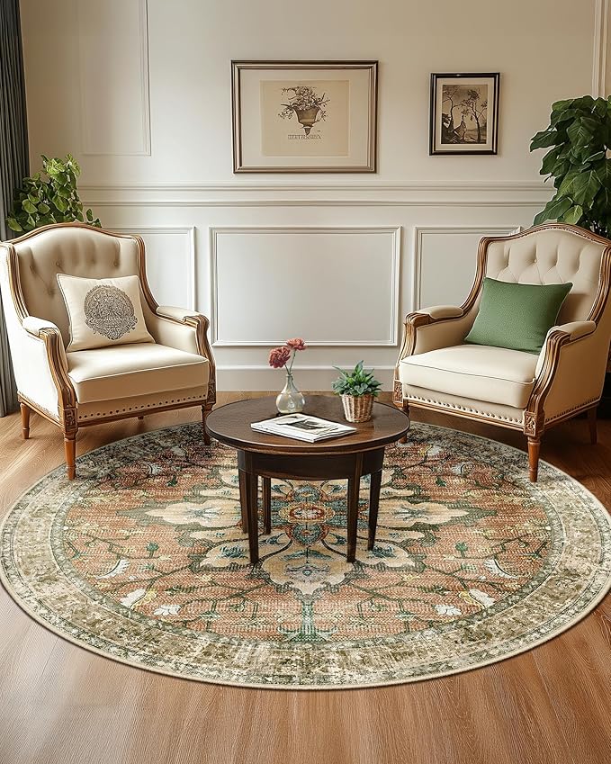 Area Rugs 5ft Washable Non-Slip, Floral Vintage Distress Print Pattern Medallion Carpet for Living Room Bedroom Dining Room, Brick Red Rust Neutral Brown Burnt Orange