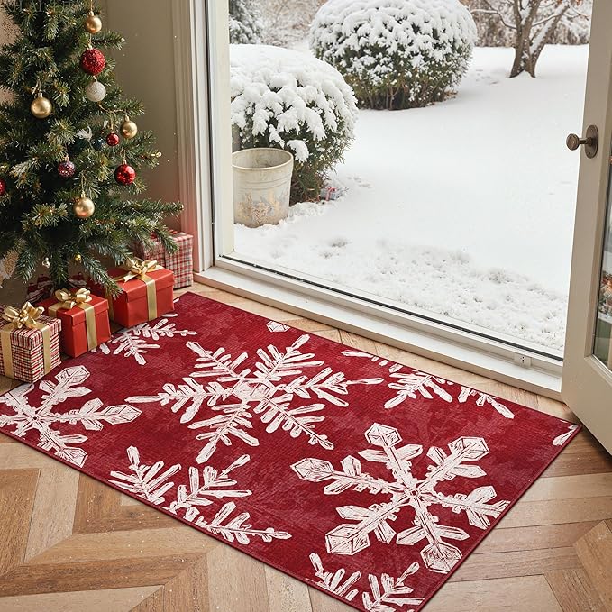 Christmas Rug 2x3 Washable Rugs for Entryway Bedroom, Christmas Home Decor, Holiday Print Carpet, Low Pile Non Slip Mat with Rubber Backing, Snowflake