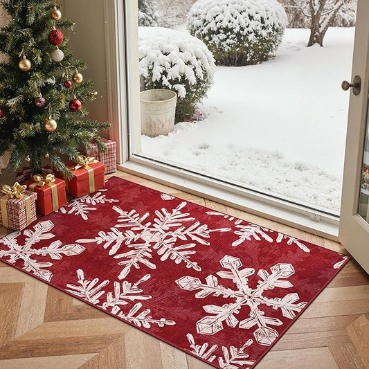 Christmas Rug 2x3 Washable Rugs for Entryway Bedroom, Christmas Home Decor, Holiday Print Carpet, Low Pile Non Slip Mat with Rubber Backing, Snowflake