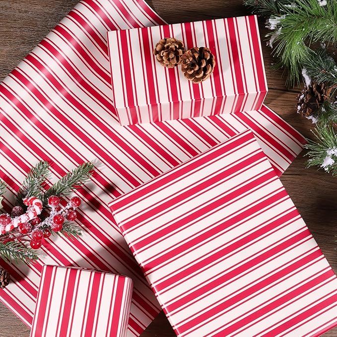 LaRibbons Christmas Wrapping Paper Roll, Classic Red & White Striped Gift Wrap for Christmas, Holiday, Winter Party, 17 Inch x 33 Feet