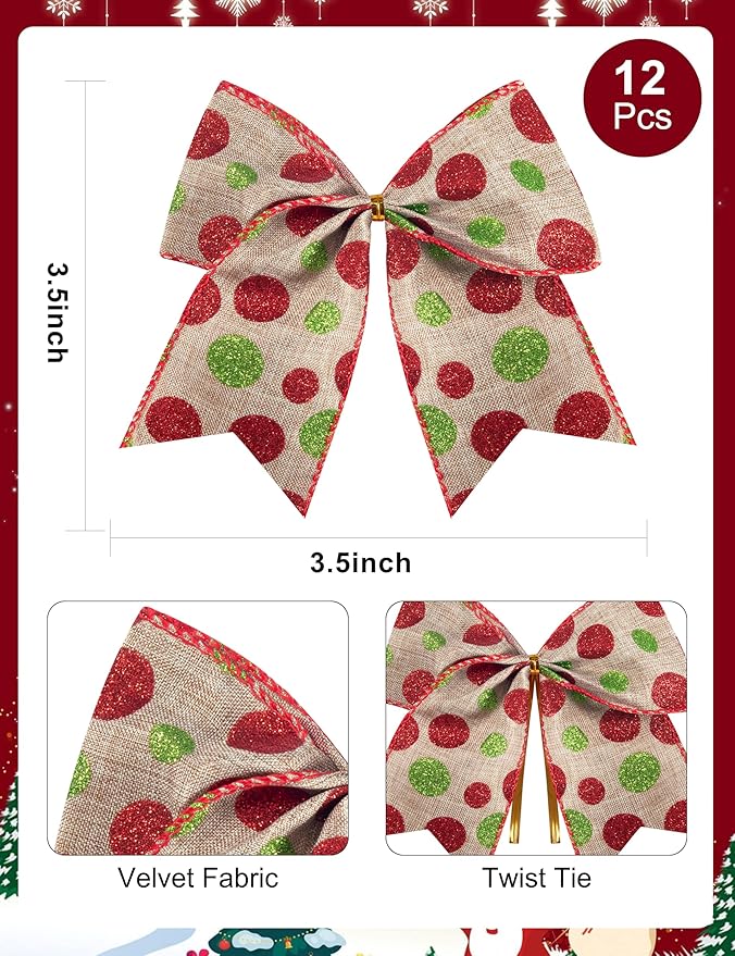 SIMISI RIBBON Christmas Tree Bows Wreaths Graland Xmas Party Decorations Red Green Polka Dot Ornaments (6 * 6 Inches, 12 Pcs)