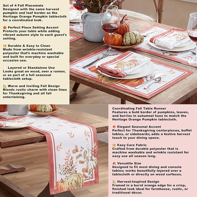 Home Bargains Plus Thanksgiving Contemporary Orange Pumpkin Tablecloth, 70 Inch Round, Fall Harvest Easy Care Fabric Table Cover