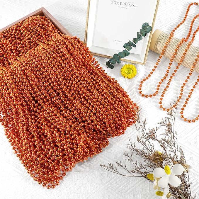 SHAOQINLIN 100 PCS Orange Bead Necklace, Orange Mardi Gras Beads, Halloween Necklaces, 33 Inch Party Beads Round Beaded Necklace for Mardi Gras, Christmas, Halloween