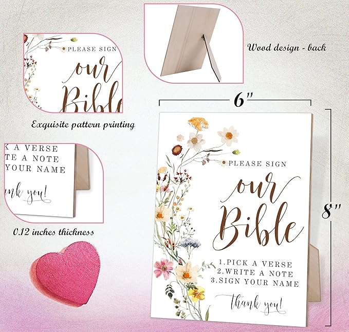 Flower Please Sign Our Guestbook Sign, Wedding Guest Book Alternative, Bridal Shower Party Decor, Table Centerpieces for Party, Wedding Guest Gifts, 6X8 Inch Wooden Bridal Shower Sign with Stand, 12