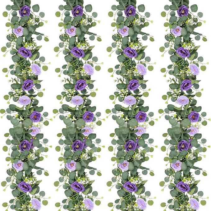 TOCHGREEN 4 Pack Artificial Eucalyptus Flower Garland with Purple Roses, Fake Rose Flower Greenery Garland Floral Vines for Wedding Home Party Table Runner Decor (Purple, 4PCS)