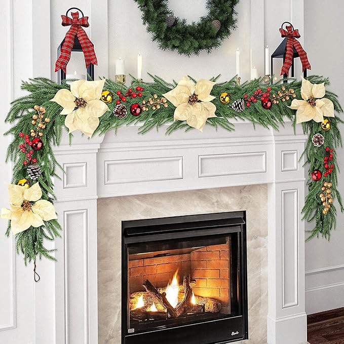 6FT Christmas Norfolk Pine Garland for Mantle, 1PCS Artificial Real Touch Garland with Flowers Berries Pinecones Balls, Green Winter Realistic Norfolk Pine Garlands for Table Winter Xmas Decorations