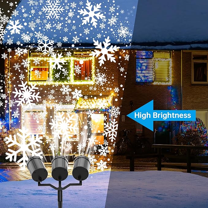 Christmas Projector Lights Outdoor, GUSODOR Upgraded Snowflake Projector IP65 Waterproof LED Snow Projection Lights for Indoor Outdoor Christmas Decoration, Holiday, Yard Decor-Three-Head A