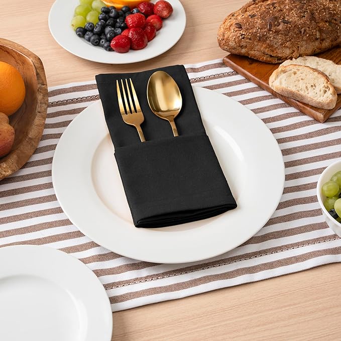 Blue Needles Solid Cloth Napkins Set of 12 Black 100% Cotton Dinner Napkins 18x18 inches - Soft, Reusable, Absorbent & Washable Fall Thanksgiving Linen, Ideal for Events, Parties & Everyday Use
