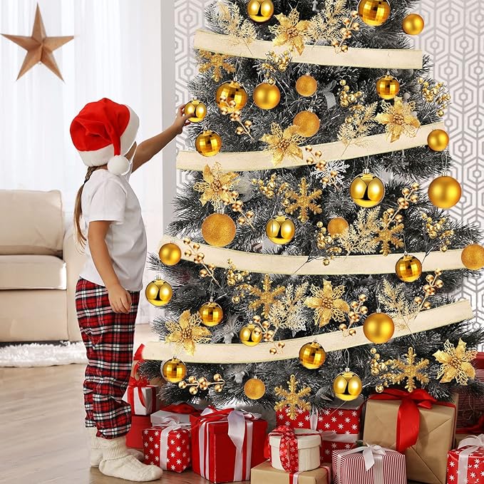 Sratte 94 Pcs Christmas Tree Decorations Set, Christmas Tree Ball Ornaments Glitter Poinsettia Flowers Decorations Glitter Berries Stems for Xmas Holiday Wedding(Gold)