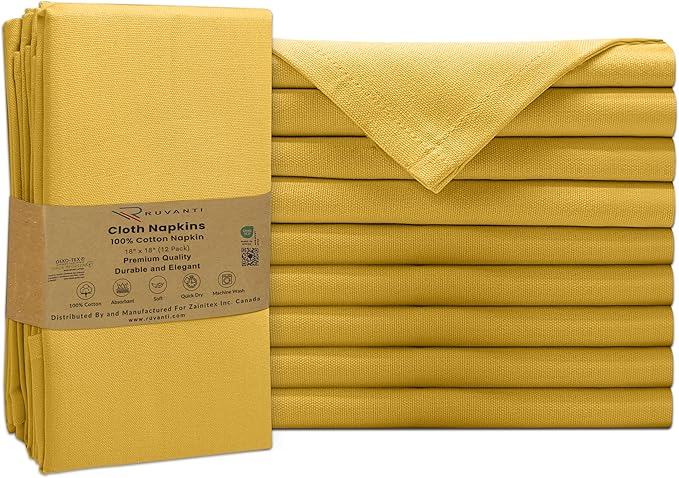 Ruvanti Premium Cloth Napkins Set of 12, 18x18 Inches, 100% Cotton, Washable, Soft & Absorbent, Perfect for Wedding, Christmas, ‎Thanksgiving Dinners -Spicy Mustard