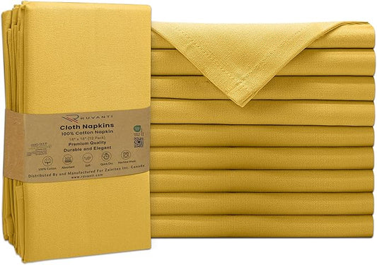 Ruvanti Premium Cloth Napkins Set of 12, 18x18 Inches, 100% Cotton, Washable, Soft & Absorbent, Perfect for Wedding, Christmas, ‎Thanksgiving Dinners -Spicy Mustard