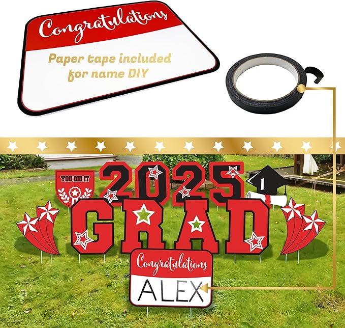 Graduation Yard Sign 2025 with Stakes, Large 2025 Graduation Lawn Signs Set (13 Pcs in Red and Black with Personalized Name DIY Board) Versatile Graduation Decorations for Grad Party Indoor or Outdoor