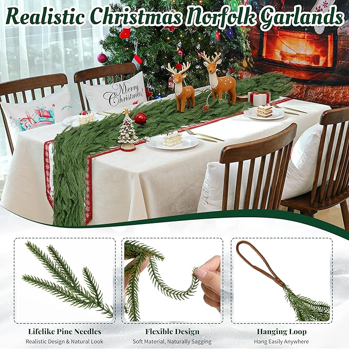 Palonu 2 Pcs 5Ft Artificial Norfolk Garland, Faux Christmas Greenery Touched Like Real Needles Pine, Decoration for Table Mantle Wall Porch Fireplace Indoor Outdoor Winter Holiday Décor