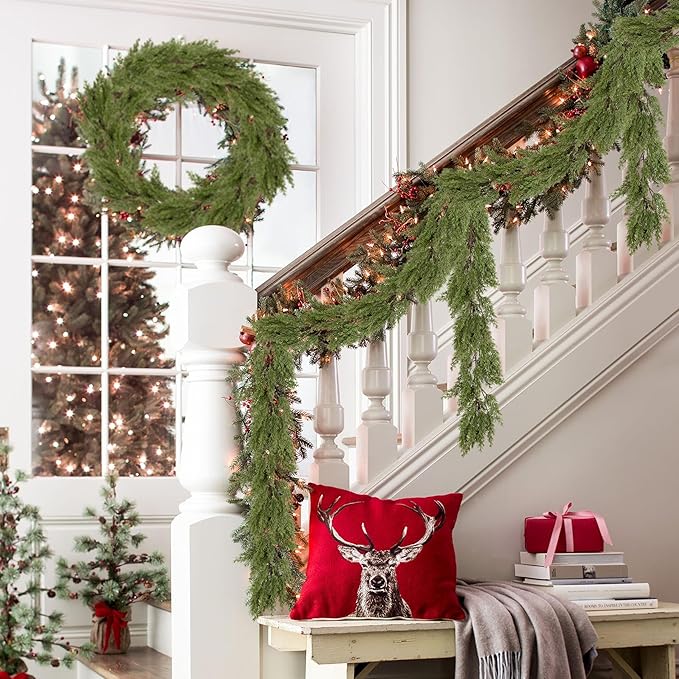 Palonu 1Pcs 9Ft Christmas Cedar Garland, Artificial Realistic Greenery Faux Garlands Touch Like Real Cypress Pine Xmas Décor, Fireplace Mantle Table Stairs Porch Indoor Outdoor Holiday Decoration