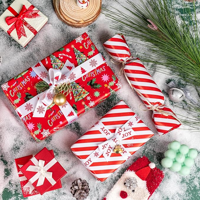 WRAPAHOLIC 30 Inch Jumbo Reversible Christmas Wrapping Paper - 30 Inch x 100 Feet Jumbo Roll Red Christmas Tree Wrapping Paper and Stripe Design for Holiday, Party Celebration