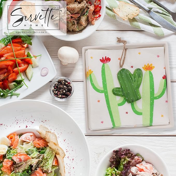 White Ceramic Lunch Napkin Holder with Roped Weight - Cactus