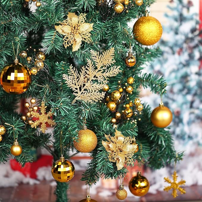 Sratte 94 Pcs Christmas Tree Decorations Set, Christmas Tree Ball Ornaments Glitter Poinsettia Flowers Decorations Glitter Berries Stems for Xmas Holiday Wedding(Gold)