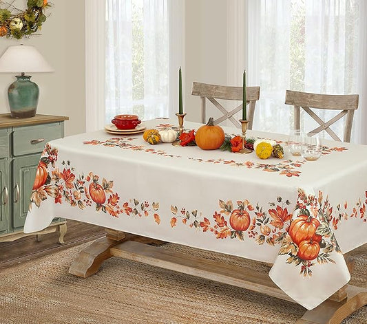 Lintex Thanksgiving Traditions Autumn Harvest Fabric Tablecloth, 52 x 52 Inch Square, Pumpkin Patch and Fall Leaves Border, Easy Care Thanksgiving Table Cover